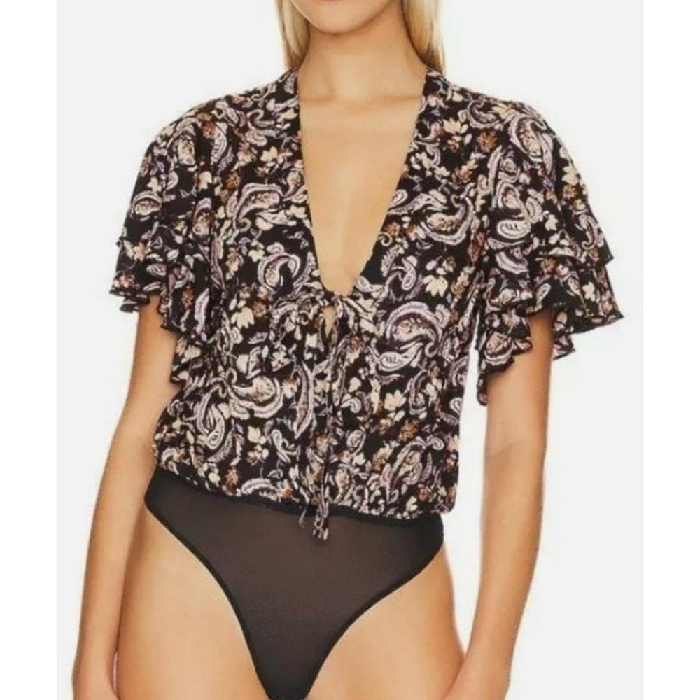 Free People “Call Me Later” Floral Paisley Ruffle Bodysuit w/ Front Tie | Sz:M